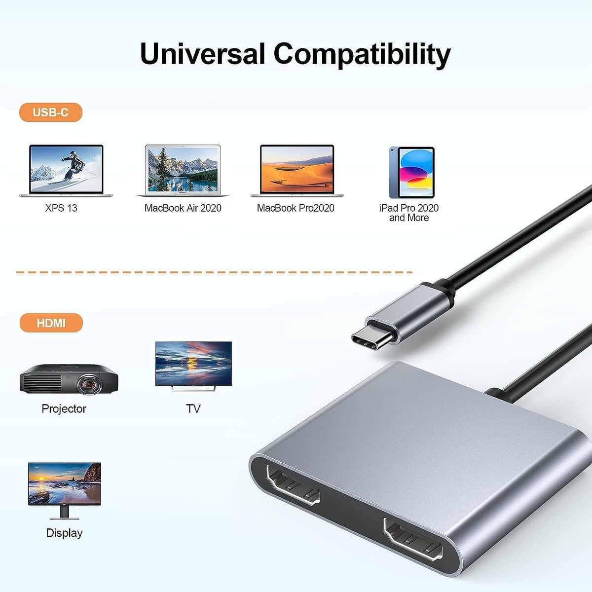 NÖRDIC USB-C-adapter til to HDMI-skærme, 4K 60Hz, Windows, MacOS, Android