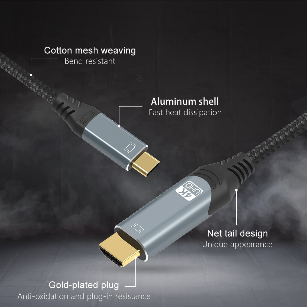 NÖRDIC USBC til HDMI 4K 60Hz 2m nylon flettet kabel plads grå støtte HDCP1.4 og 2,2 Pure kobber 99,99%