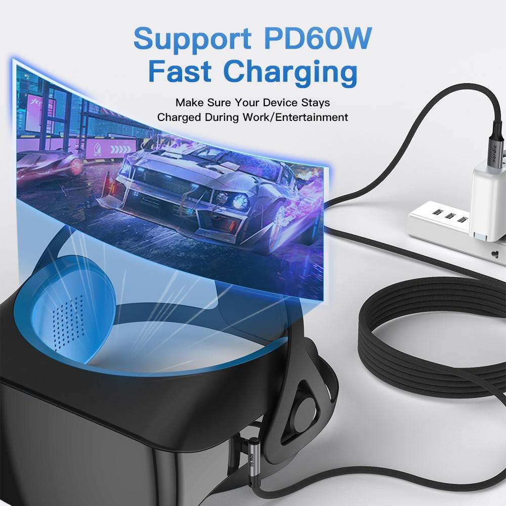 NÖRDIC VR Link kabel 5m USB3.2 Gen1 USB-C til C 20Gbps 100W 4K60Hz hurtig opladning Quest 2 Super Speed USB Link-kabel Sort