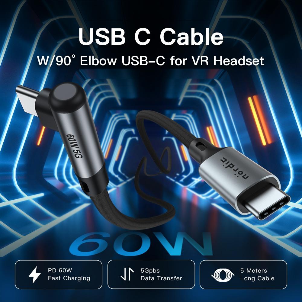 NÖRDIC VR Link kabel 5m USB3.2 Gen1 USB-C til C 20Gbps 100W 4K60Hz hurtig opladning Quest 2 Super Speed USB Link-kabel Sort
