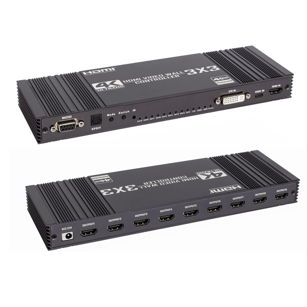 NÖRDIC Video Wall Controller 3x3, TV-væg processor, 4K@30Hz HDMI multi-skærm samlingsprocessor med HDMI + DVI + USB-C indgang