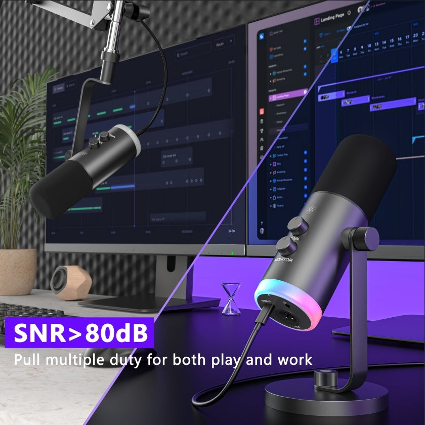 NÖRDIC XLR/USB dynamisk mikrofonkit, RGB-justerbart mikrofonarmstativ til streaming, gaming, voice-over og optagelse