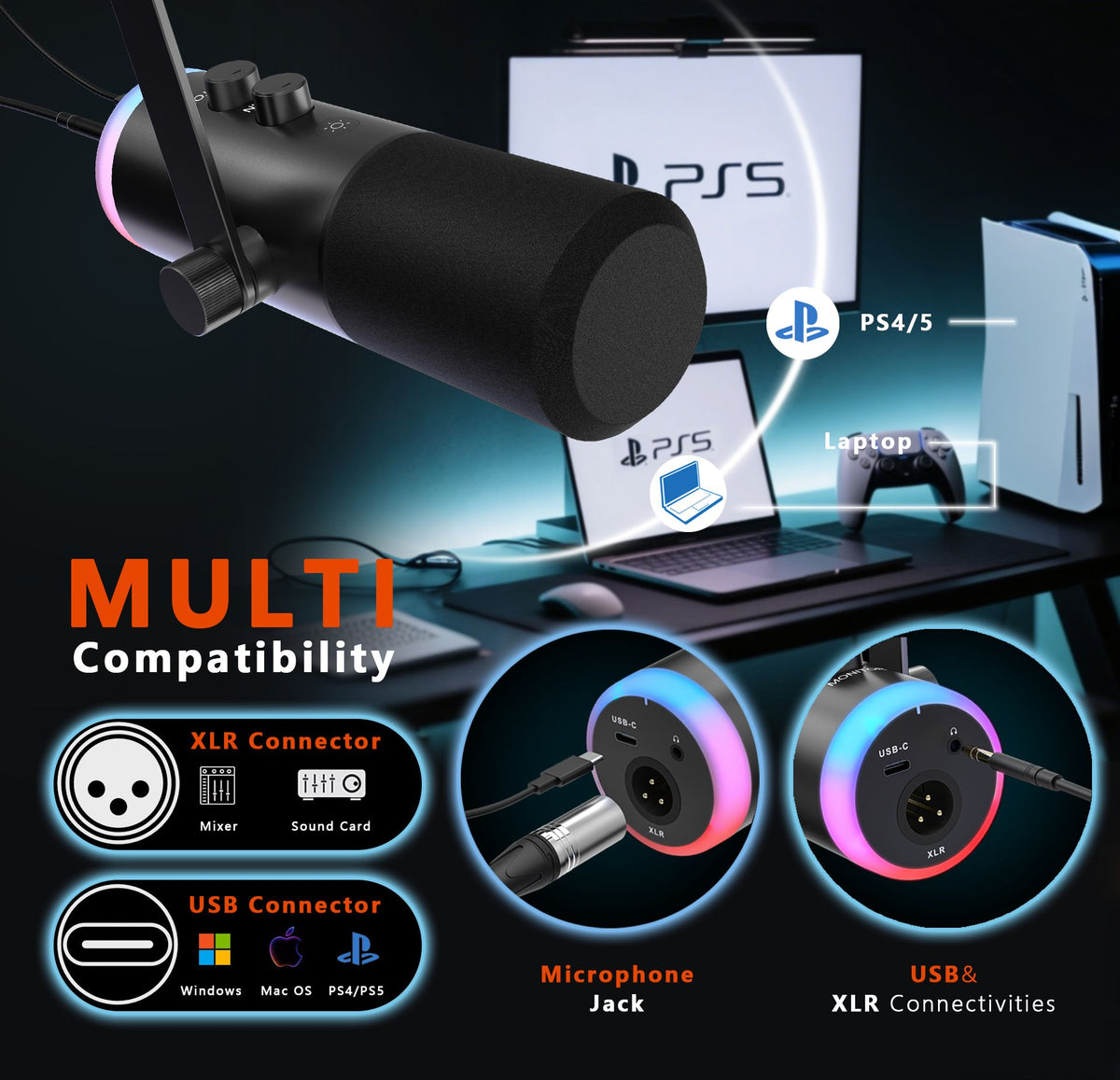 NÖRDIC XLR/USB dynamisk mikrofonkit, RGB-justerbart mikrofonarmstativ til streaming, gaming, voice-over og optagelse