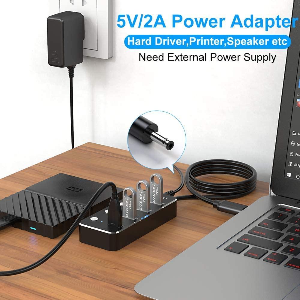 NÖRDIC drevet 4-ports hub USB 3.0 5Gbps med individuell bryter 25 cm kabel aluminium svart med strømforsyning
