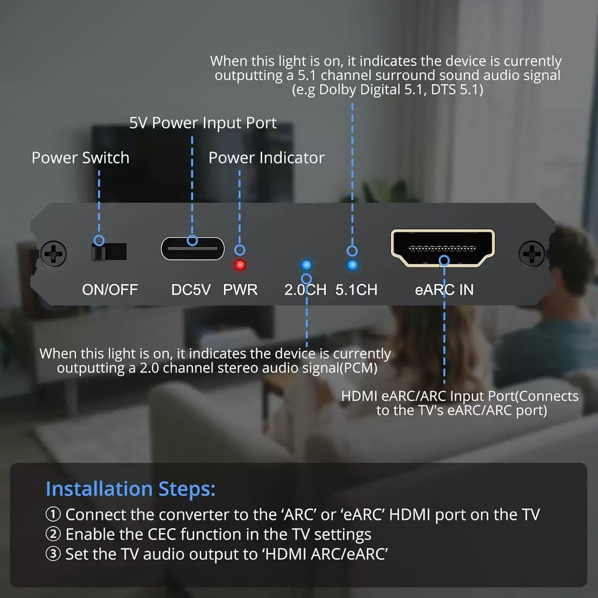 NÖRDIC HDMI eARC/ARC til Optisk og RCA Lydekstraktor, understøtter 5.1/2.0-kanals lyd CEC