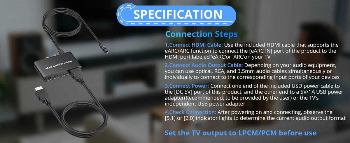 NÖRDIC HDMI eARC/ARC til Optisk og RCA Lydekstraktor, understøtter 5.1/2.0-kanals lyd CEC