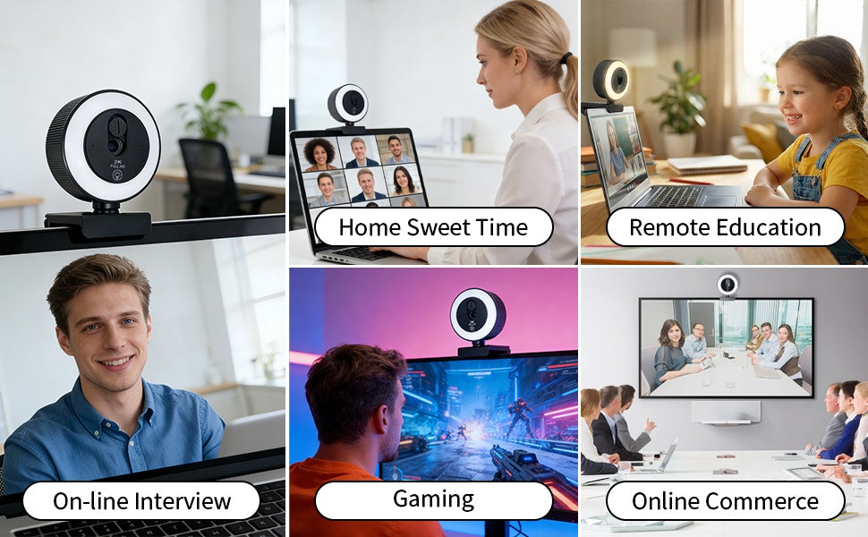NÖRDIC HD 4K-webkamera til PC og bærbar computer, 360° justerbar med autofokus, 3-farvet touchbelysning til videoopkald, livestreaming og hjemmearbejde