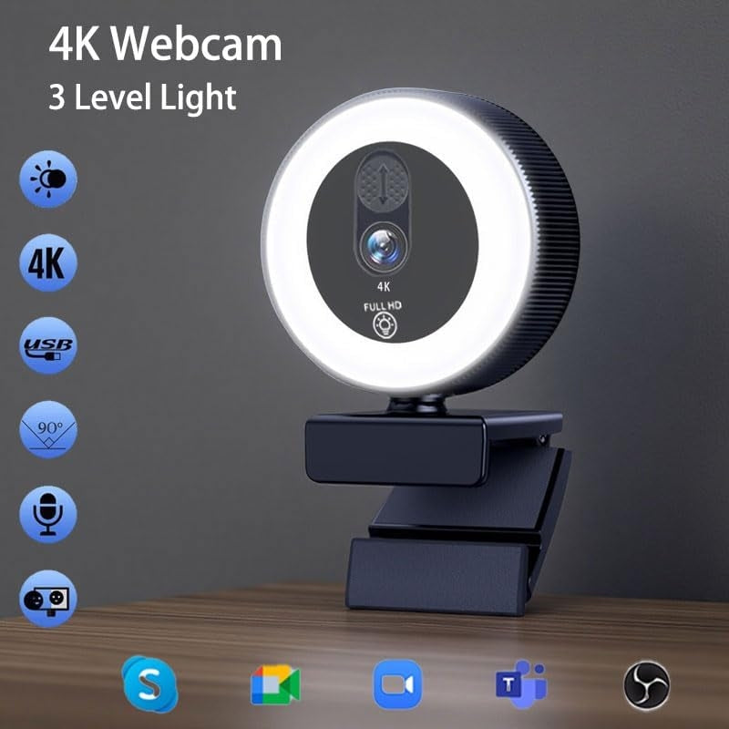NÖRDIC HD 4K-webkamera til PC og bærbar computer, 360° justerbar med autofokus, 3-farvet touchbelysning til videoopkald, livestreaming og hjemmearbejde
