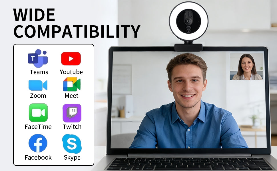 NÖRDIC HD 4K-webkamera til PC og bærbar computer, 360° justerbar med autofokus, 3-farvet touchbelysning til videoopkald, livestreaming og hjemmearbejde