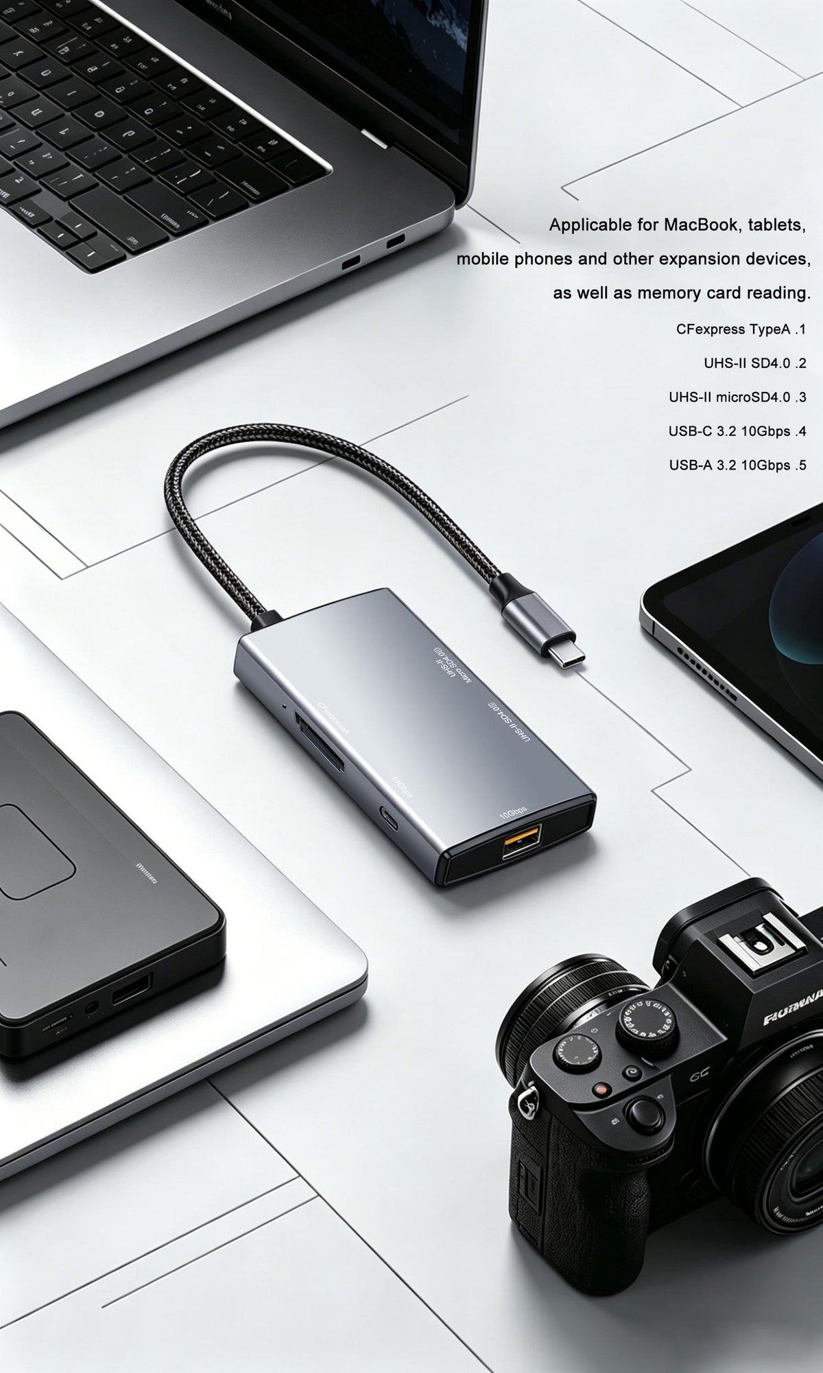 NÖRDIC USB-C 3.2 Kortlæser 1x SD 4.0, 1x MicroSD 4.0, 1x CFexpress Type A, 1x USB-C 3.2 10 Gbps, 1x USB-A 3.2 10 Gbps, UHS-II
