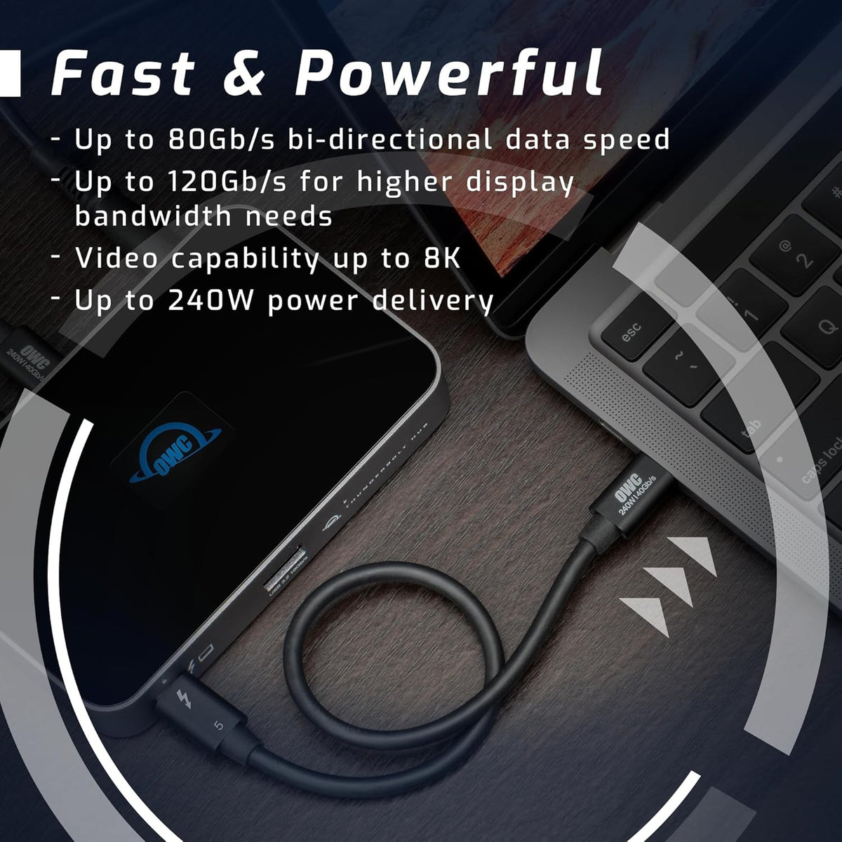 OWC 30cm Thunderbolt 5 Certificeret USB-C kabel 120G 240W 8K60Hz Kompatibel med Thunderbolt 4, USB4 og USB-C, Sort