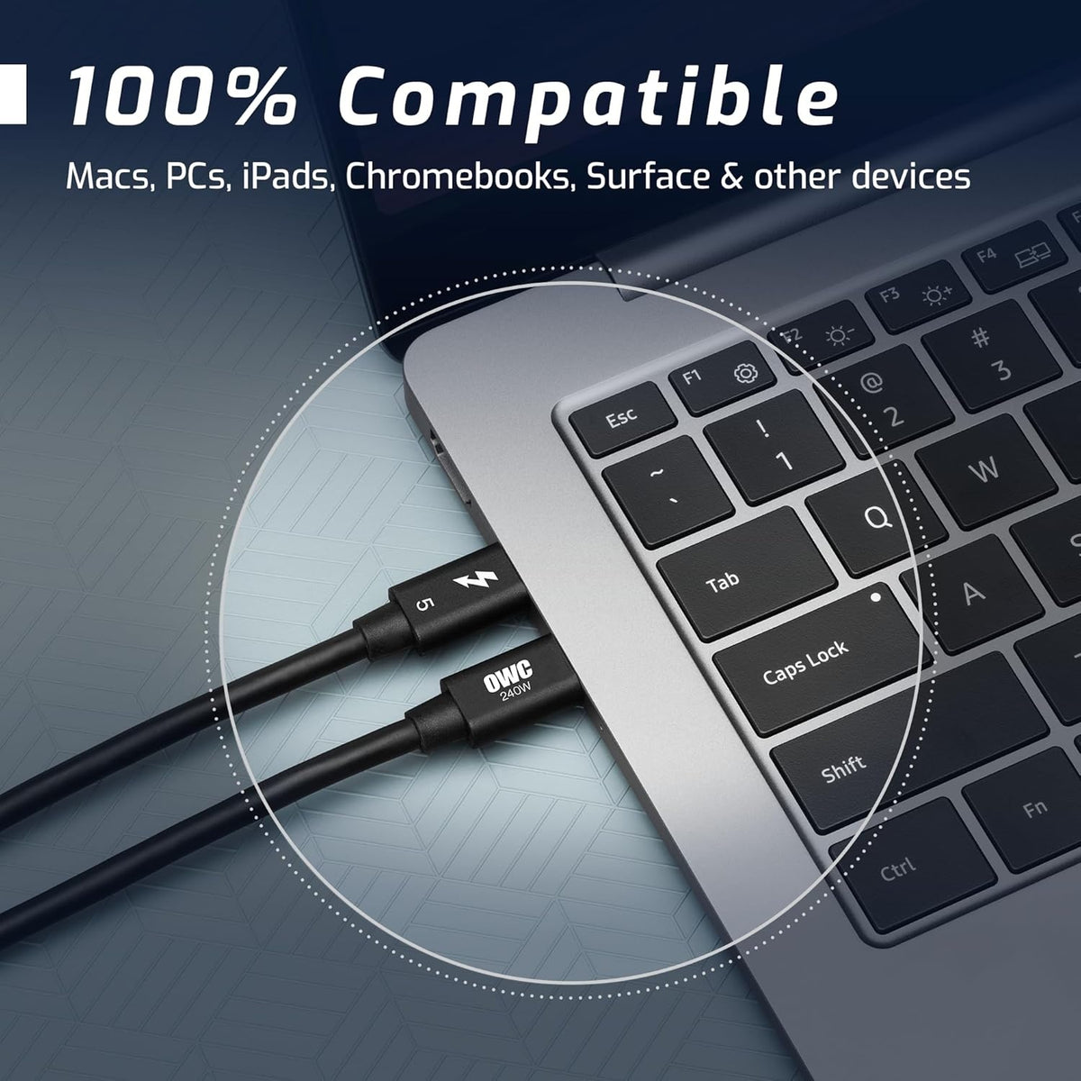 OWC 30cm Thunderbolt 5 Certificeret USB-C kabel 120G 240W 8K60Hz Kompatibel med Thunderbolt 4, USB4 og USB-C, Sort