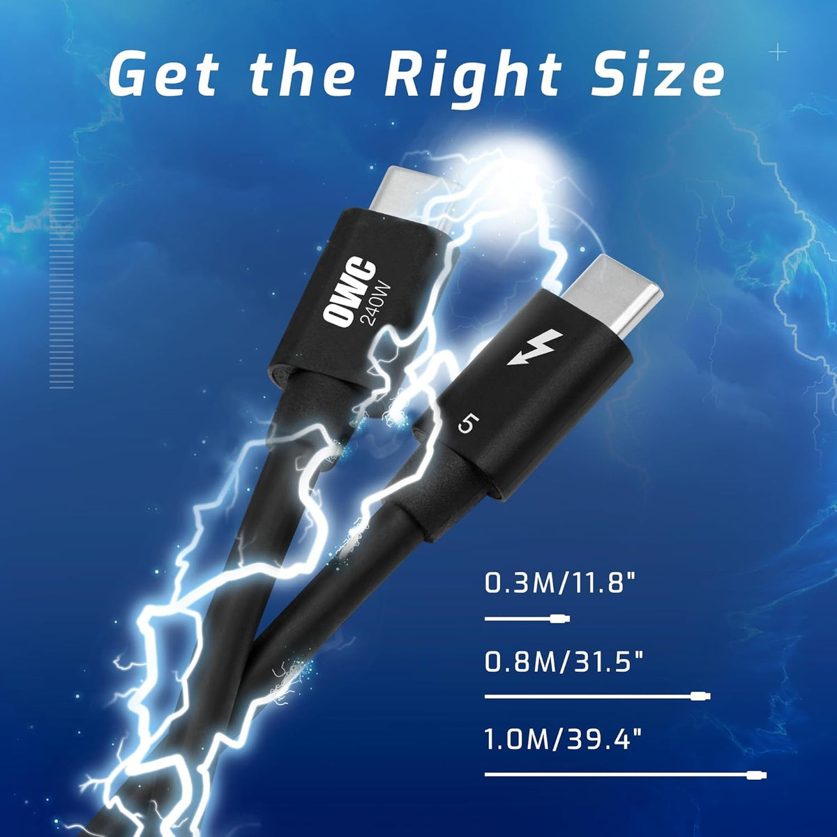 OWC 80cm Thunderbolt 5 Certificeret USB-C kabel 120G 240W 8K60Hz Kompatibel med Thunderbolt 4, USB4 og USB-C, Sort