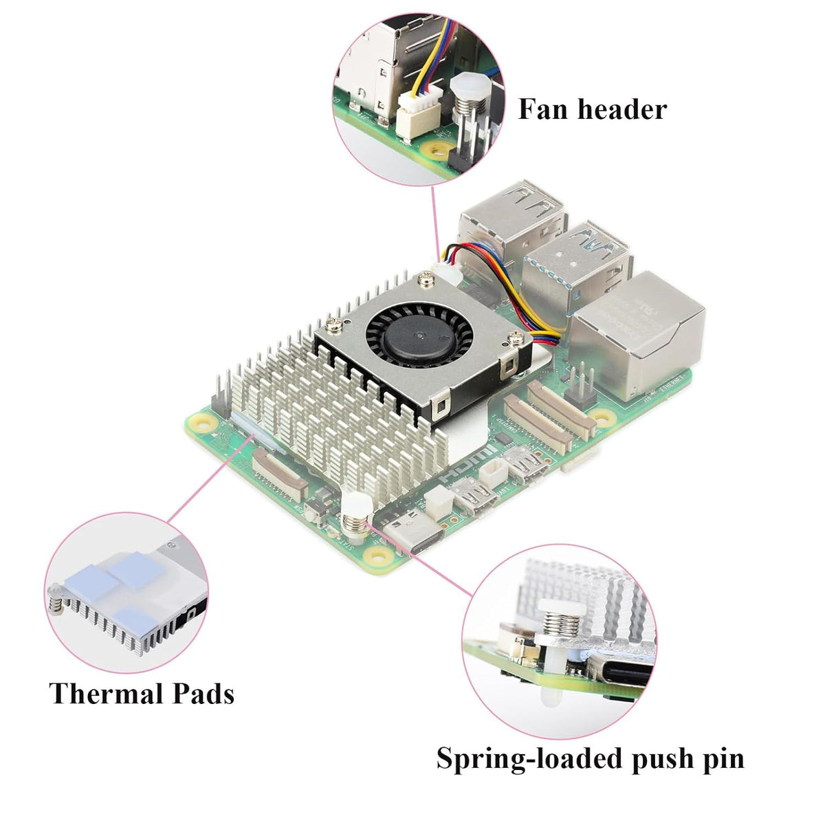 Officiel aktiv køler til Raspberry Pi 5 med temperaturstyret blæser og køleprofil i aluminium