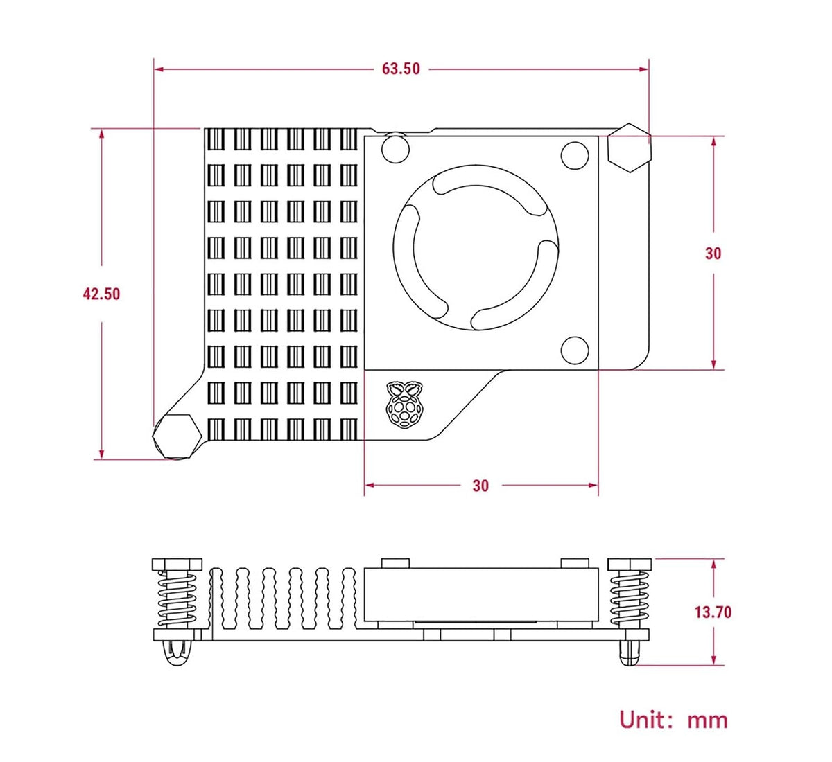 Officiel aktiv køler til Raspberry Pi 5 med temperaturstyret blæser og køleprofil i aluminium