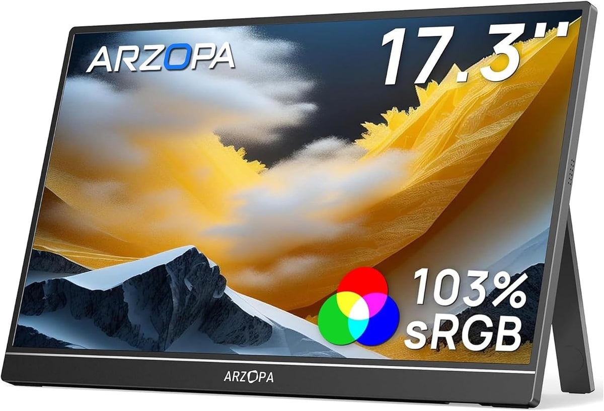 17,3" Bærbar USB-skærm 1920×1080p 60Hz, HDMI/USB-C, HDR, IPS, Skærm med Støtteben til Laptop, skærm til PC/Mac/PS3/PS4/PS5/Xbox