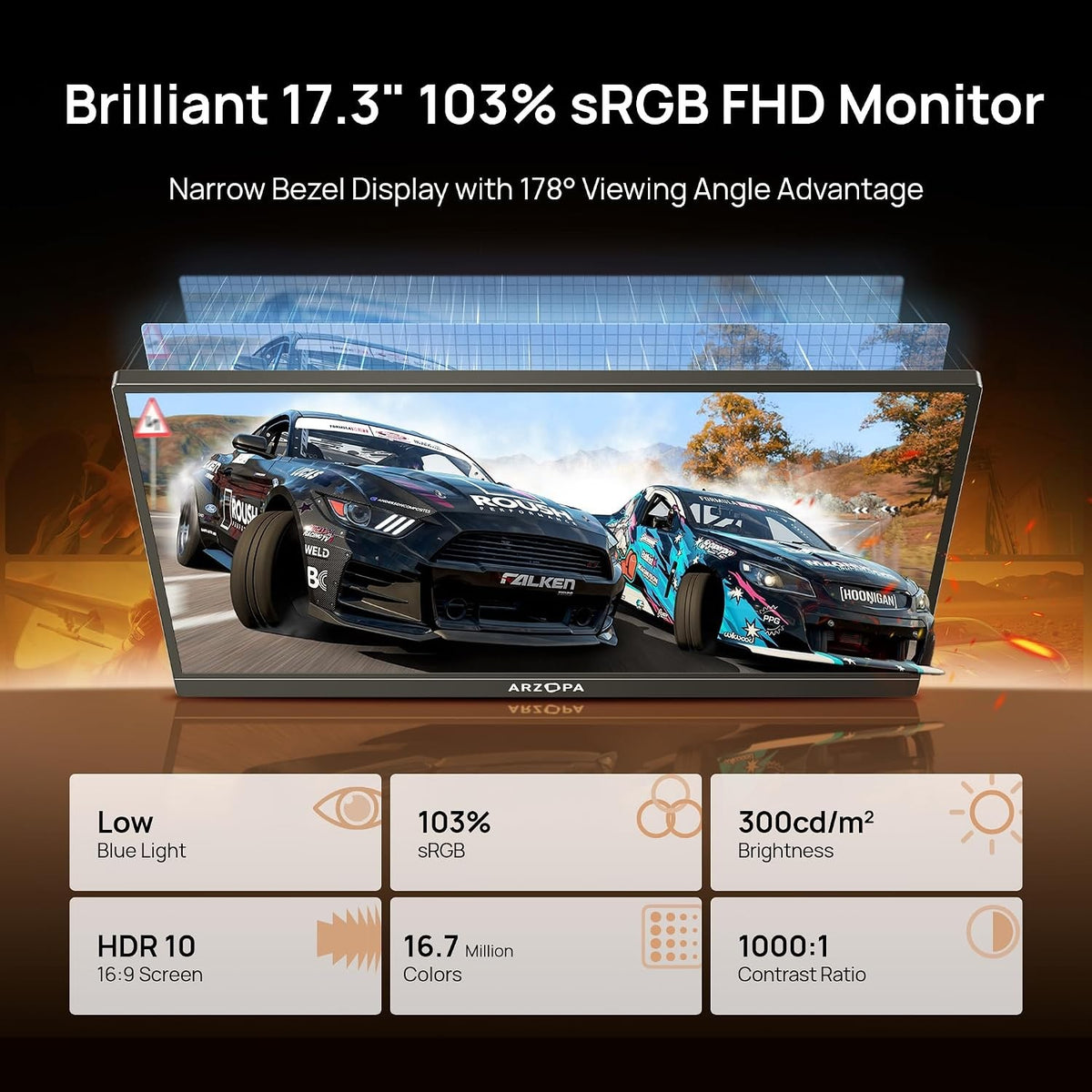 17,3" Bærbar USB-skærm 1920×1080p 60Hz, HDMI/USB-C, HDR, IPS, Skærm med Støtteben til Laptop, skærm til PC/Mac/PS3/PS4/PS5/Xbox