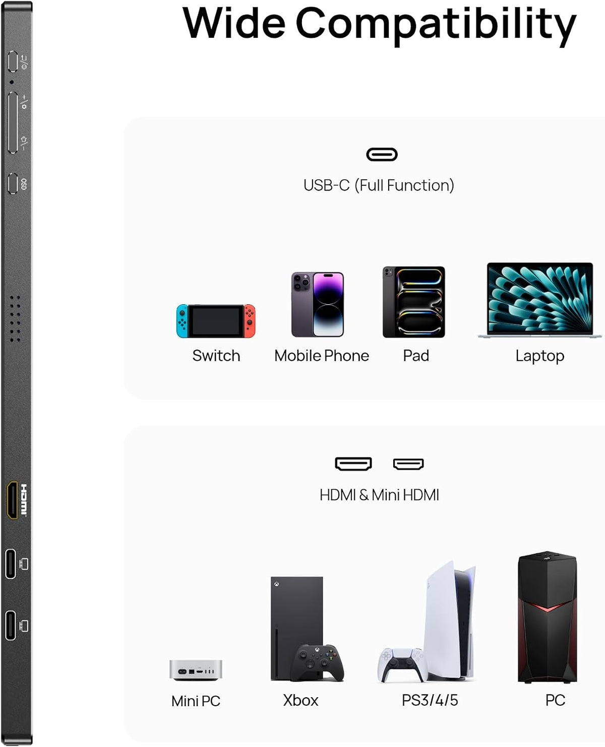 17,3" Bærbar USB-skærm 1920×1080p 60Hz, HDMI/USB-C, HDR, IPS, Skærm med Støtteben til Laptop, skærm til PC/Mac/PS3/PS4/PS5/Xbox