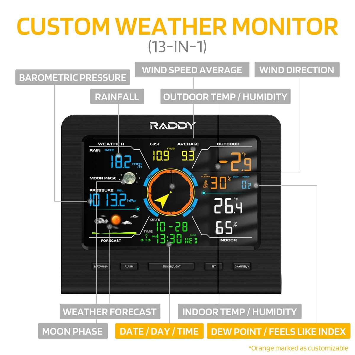 Professionel trådløs vejrstation 13-i-1 med udendørssensor, termometer, barometer, hygrometer, vind- og regnmåler, 5" LCD-Display