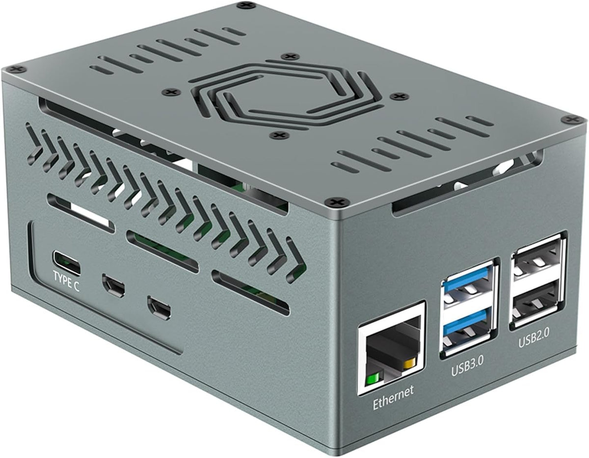 Raspberry Pi 5-kabinet i aluminium med PWM-blæser og køleprofiler