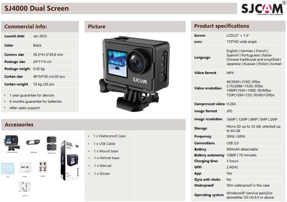 SJCAM SJ4000Dual Screen 4K 30fps Action kamera, Wifi, Dual screen, Vandtæt skal. transportabel