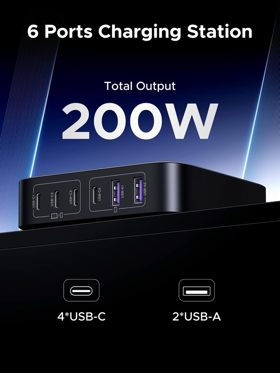 UGREEN Nexode 200W USB-C oplader, 6-Port GaN bordoplader