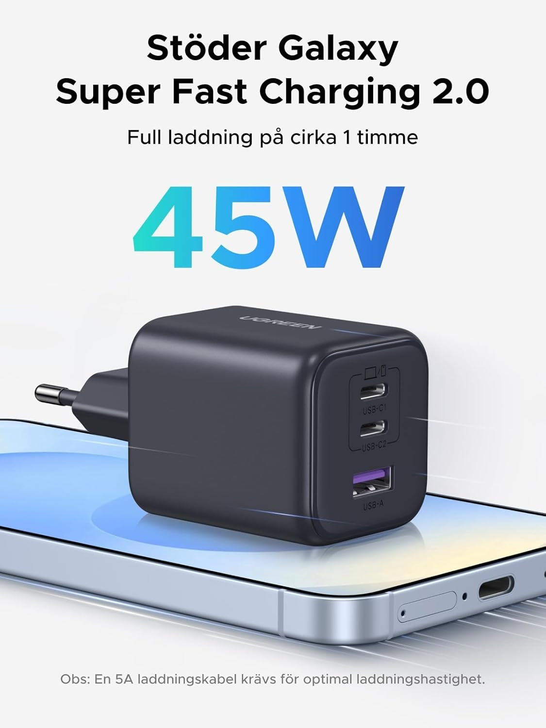 UGREEN 45W USB-C Oplader med 3 porte, PPS hurtigoplader