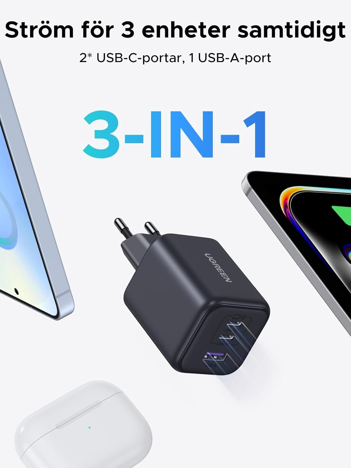 UGREEN 45W USB-C Oplader med 3 porte, PPS hurtigoplader