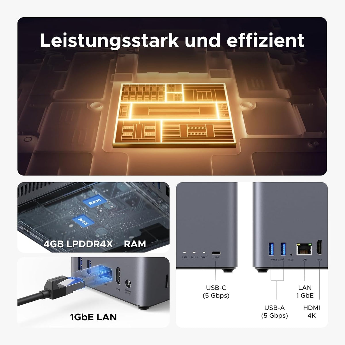 UGREEN NASync DH2300 2-bay NAS (2xSATA 3,5"/2,5"), 64TB maksimal lagerplads, 4/8GB RAM, 1GbE LAN, NFC One-Touch, AI-fotoalbum, brugervenlig NAS til hjemmet
