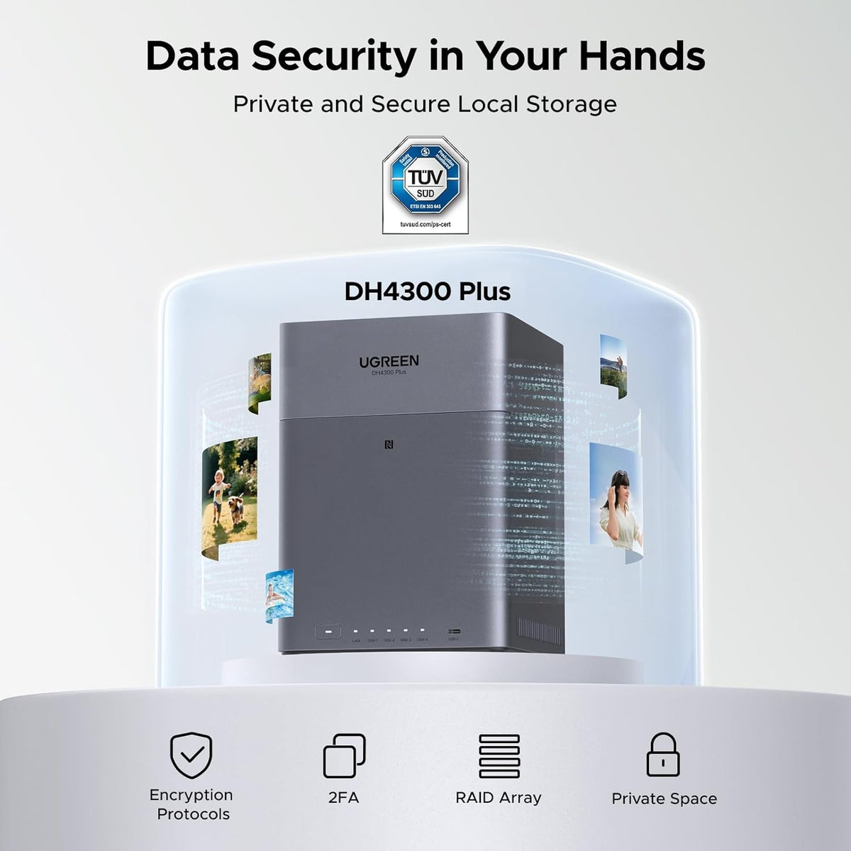 UGREEN NASync DH4300Plus 4-bay NAS (4xSATA 3,5"/2,5"), 128TB maksimal lagerplads, 8GB RAM, 2.5GbE LAN, NFC, AI-fotoalbum, tilpasset til kontor/hjemmet