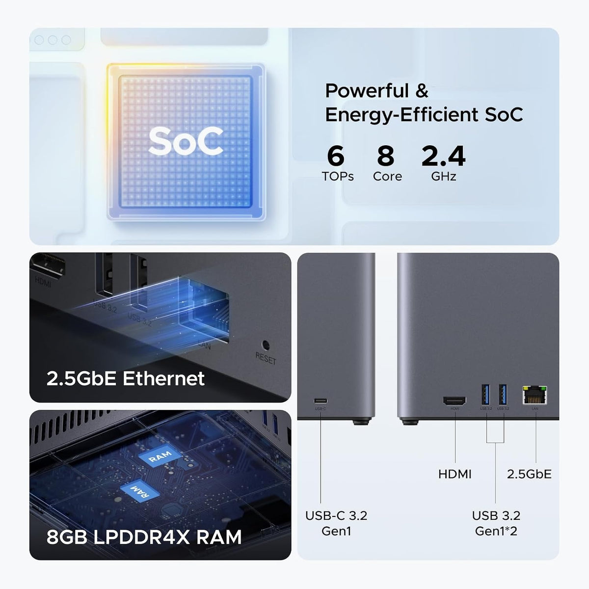 UGREEN NASync DH4300Plus 4-bay NAS (4xSATA 3,5"/2,5"), 128TB maksimal lagerplads, 8GB RAM, 2.5GbE LAN, NFC, AI-fotoalbum, tilpasset til kontor/hjemmet