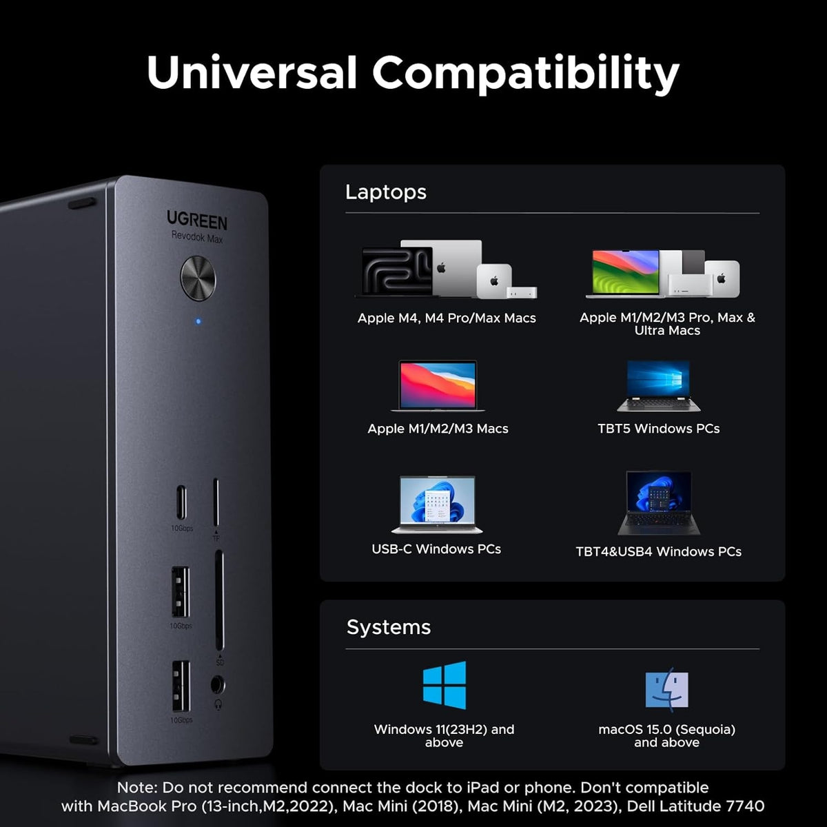 UGREEN Revodok Max Thunderbolt 5-dockingstation 13-i-1, 120Gbps, 3xTB5-porte, 8K@60Hz/6K@60Hz/4K@240Hz, 140W opladning og 2,5Gbps Ethernet