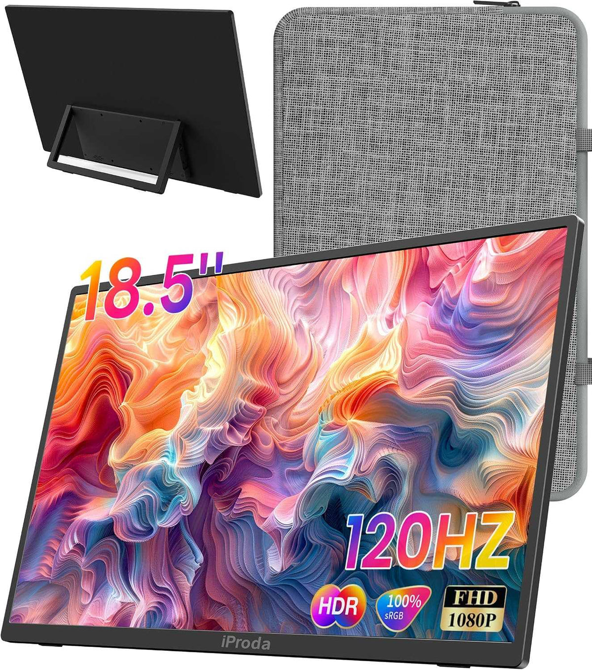 18,5" Bærbar USB-skærm 1920x1080p 120Hz, USB-C/HDMI, IPS, 100% sRGB, HDR, til laptop/desktop/mobil/PS5/Xbox
