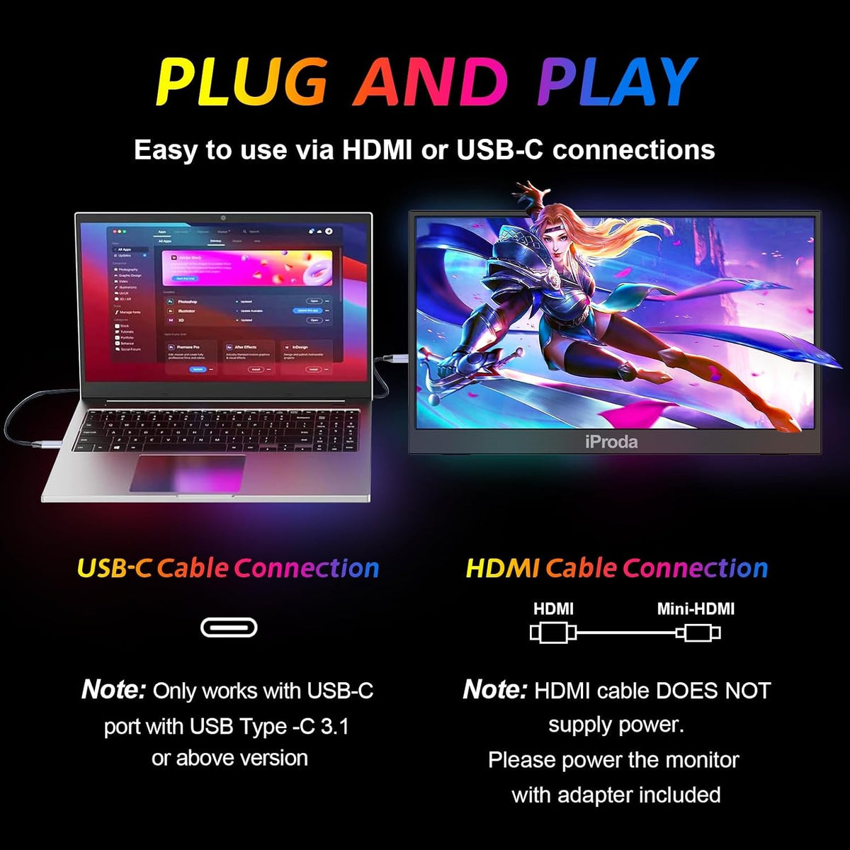 18,5" Bærbar USB-skærm 1920x1080p 120Hz, USB-C/HDMI, IPS, 100% sRGB, HDR, til laptop/desktop/mobil/PS5/Xbox