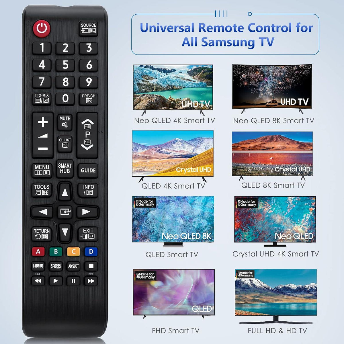 Universel fjernbetjening til Samsung Smart TV kompatibel med Samsung originale fjernbetjeninger