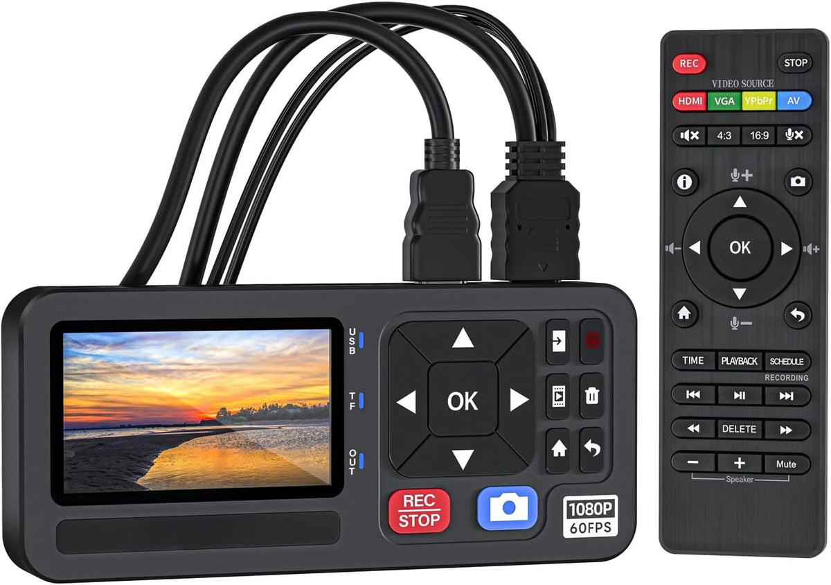 Video til digital konverter 4K HDMI/CVBS/VGA/YPBPR input videorekorder fra VCR, DVD, VHS, Hi8, videokameraer – 4K optagelse 1080P 60FPS, 3" skærm