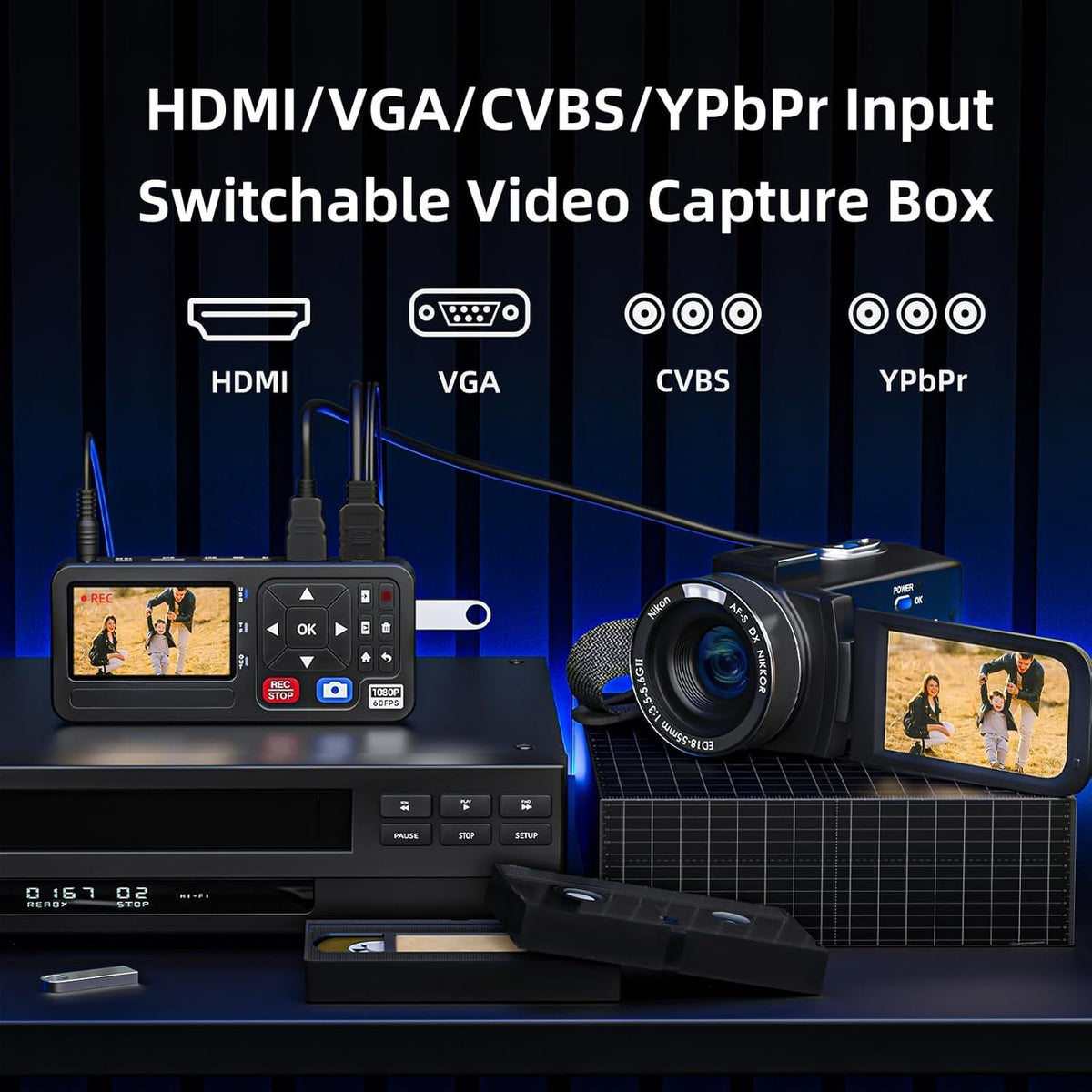Video til digital konverter 4K HDMI/CVBS/VGA/YPBPR input videorekorder fra VCR, DVD, VHS, Hi8, videokameraer – 4K optagelse 1080P 60FPS, 3" skærm