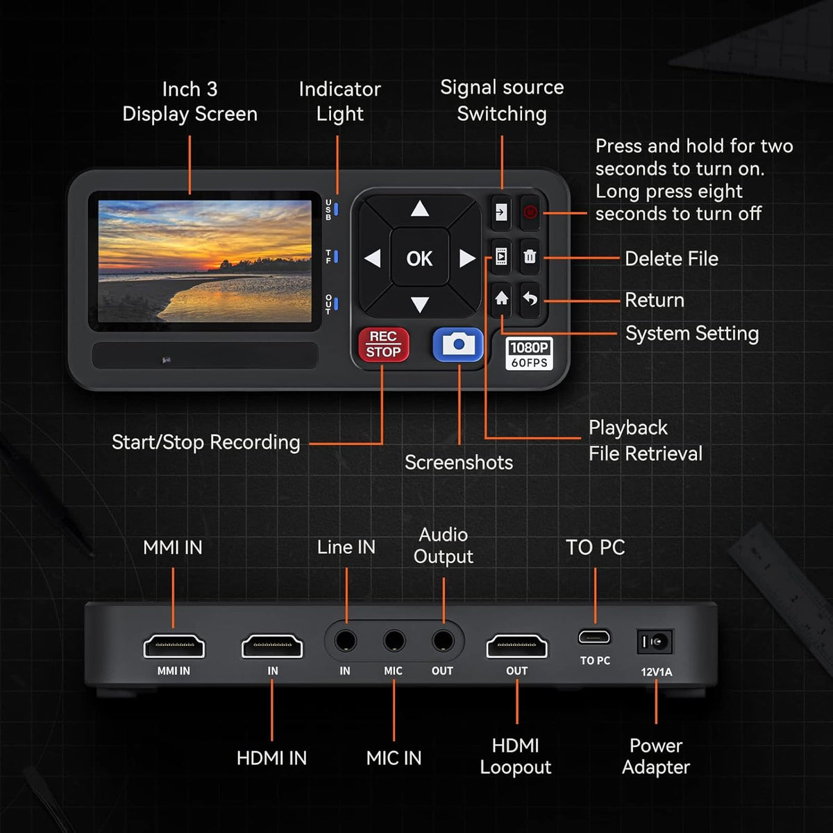 Video til digital konverter 4K HDMI/CVBS/VGA/YPBPR input videorekorder fra VCR, DVD, VHS, Hi8, videokameraer – 4K optagelse 1080P 60FPS, 3" skærm