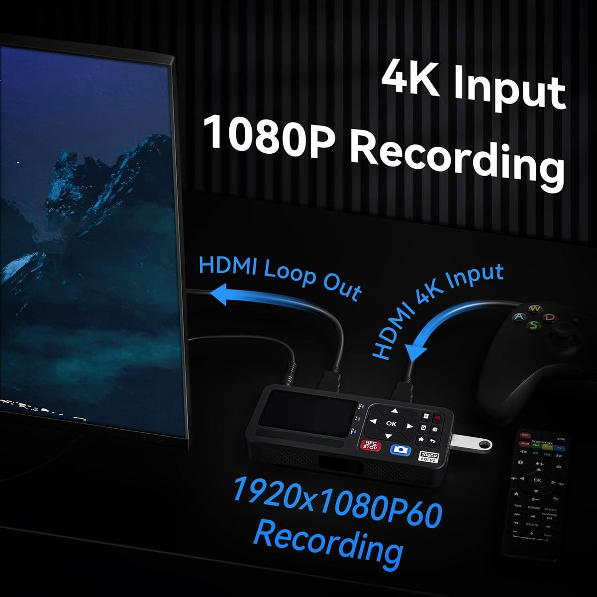 Video til digital konverter 4K HDMI/CVBS/VGA/YPBPR input videorekorder fra VCR, DVD, VHS, Hi8, videokameraer – 4K optagelse 1080P 60FPS, 3" skærm