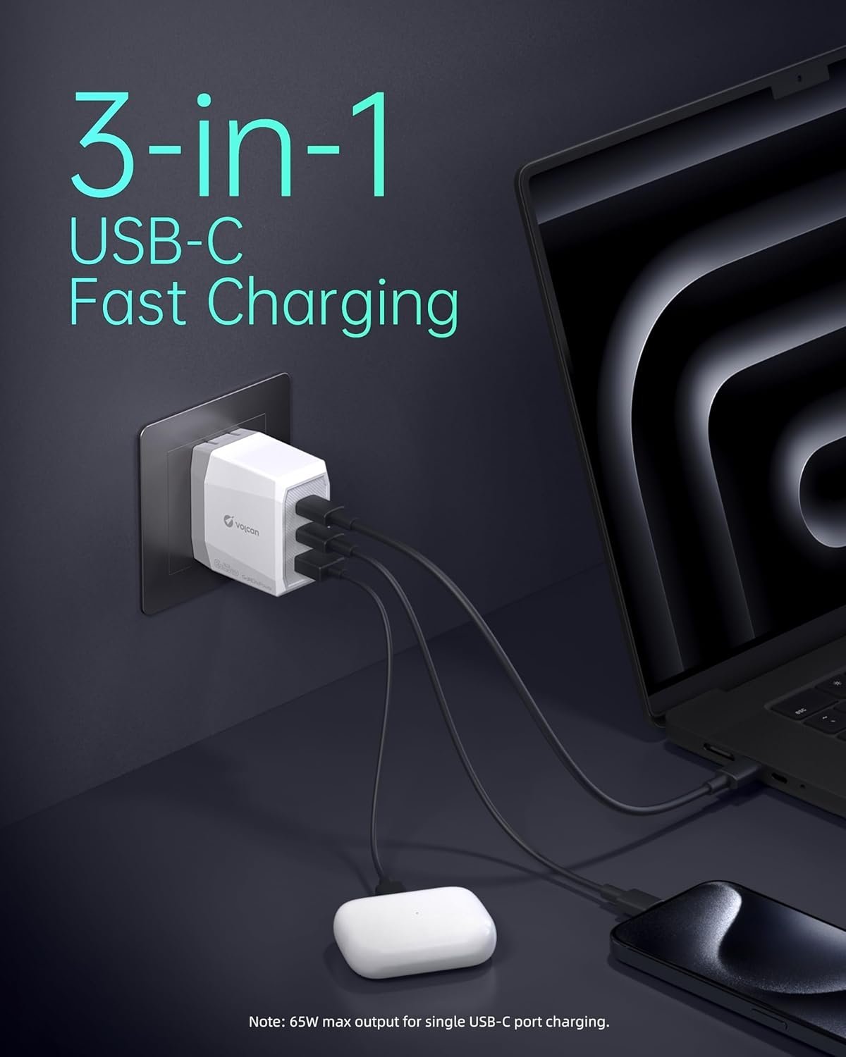 Vægoplader 2xUSB-C 1xUSB-A 65W PD PPS