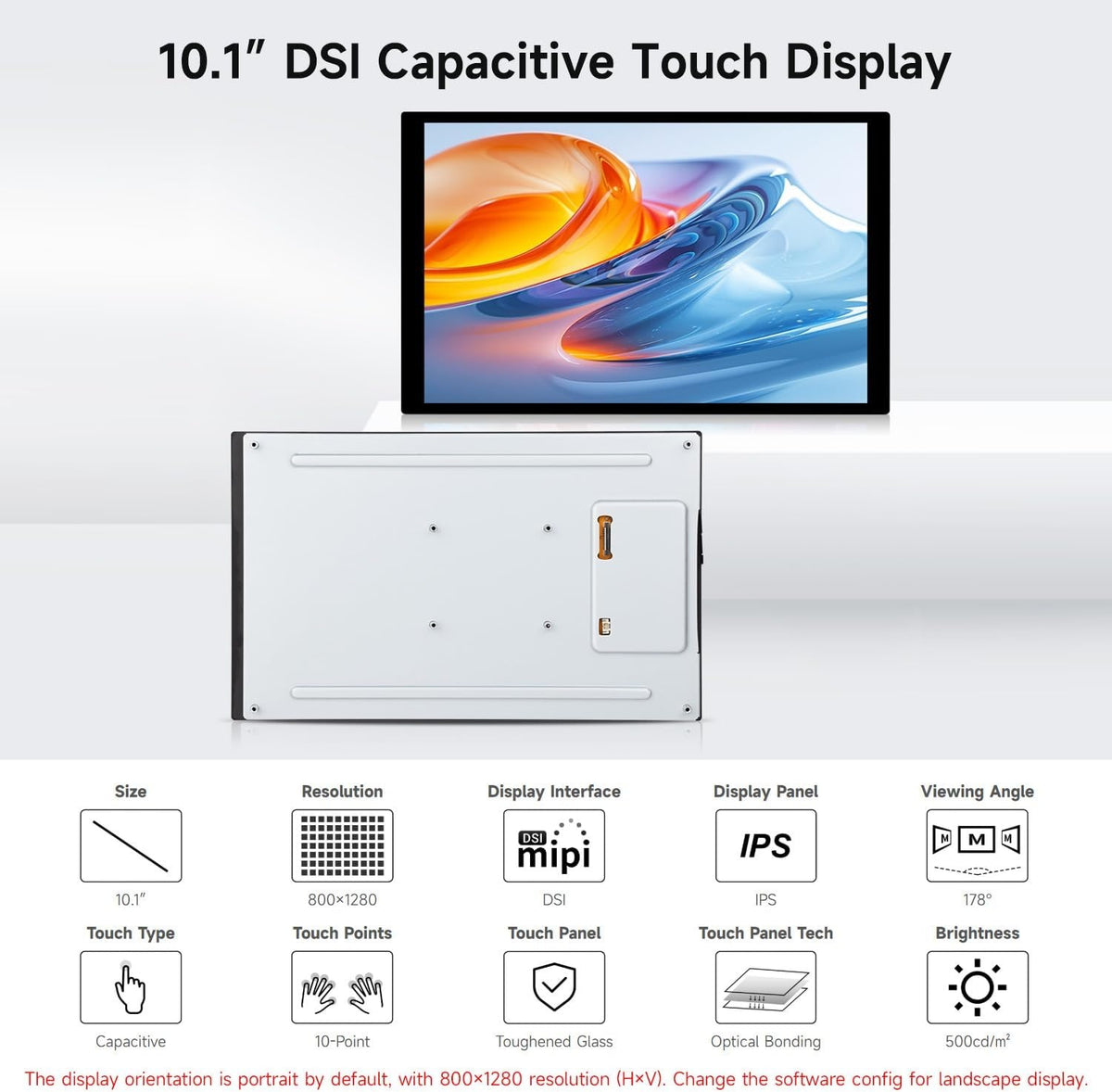 Waveshare 10,1" DSI Touchskærm, 800 x 1280, IPS-panel, Optical Bonding hærdet glas, til Raspberry Pi/RK3576/RK3506/ESP32-P4