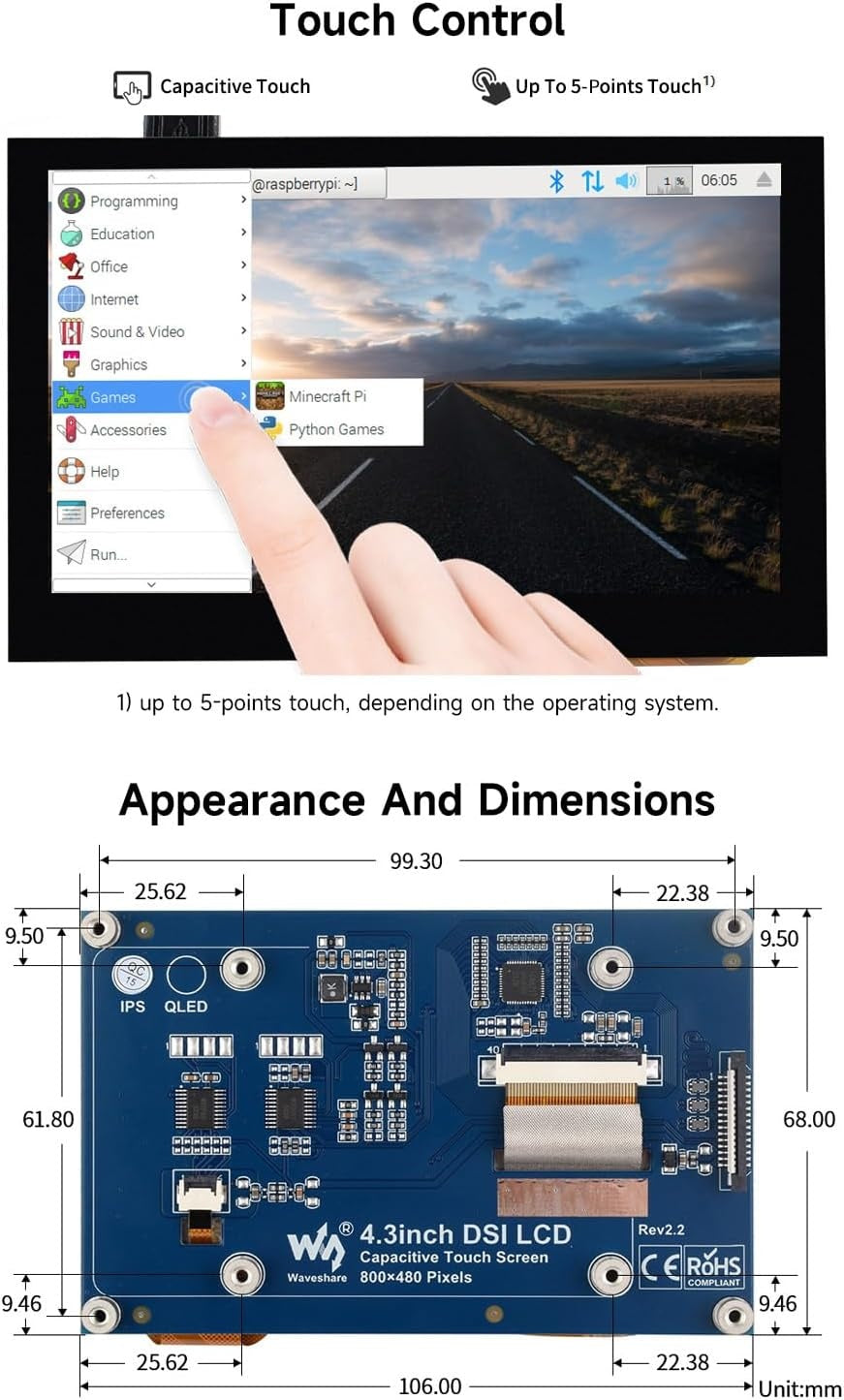 Waveshare 4,3-tommer LCD Touch-skærm til Raspberry Pi 5/4B/3B+/3A+/3B/2B/B+/A+ 800 × 480 IPS