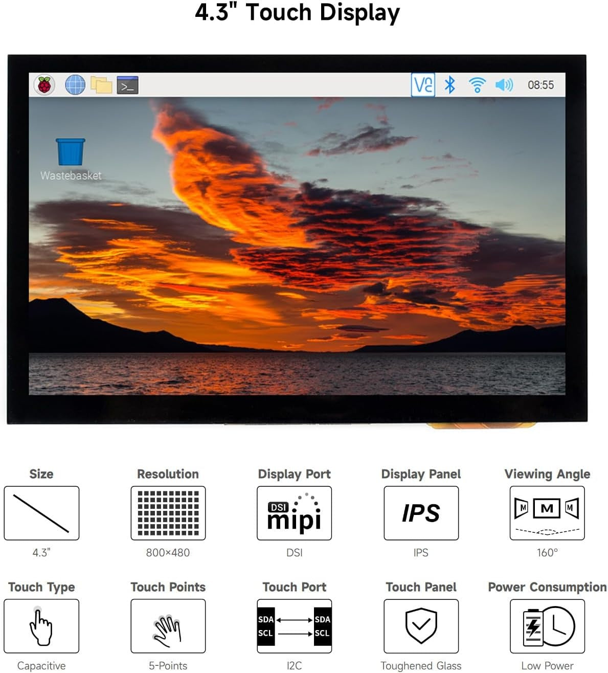 Waveshare 4,3-tommer LCD Touch-skærm til Raspberry Pi 5/4B/3B+/3A+/3B/2B/B+/A+ 800 × 480 IPS