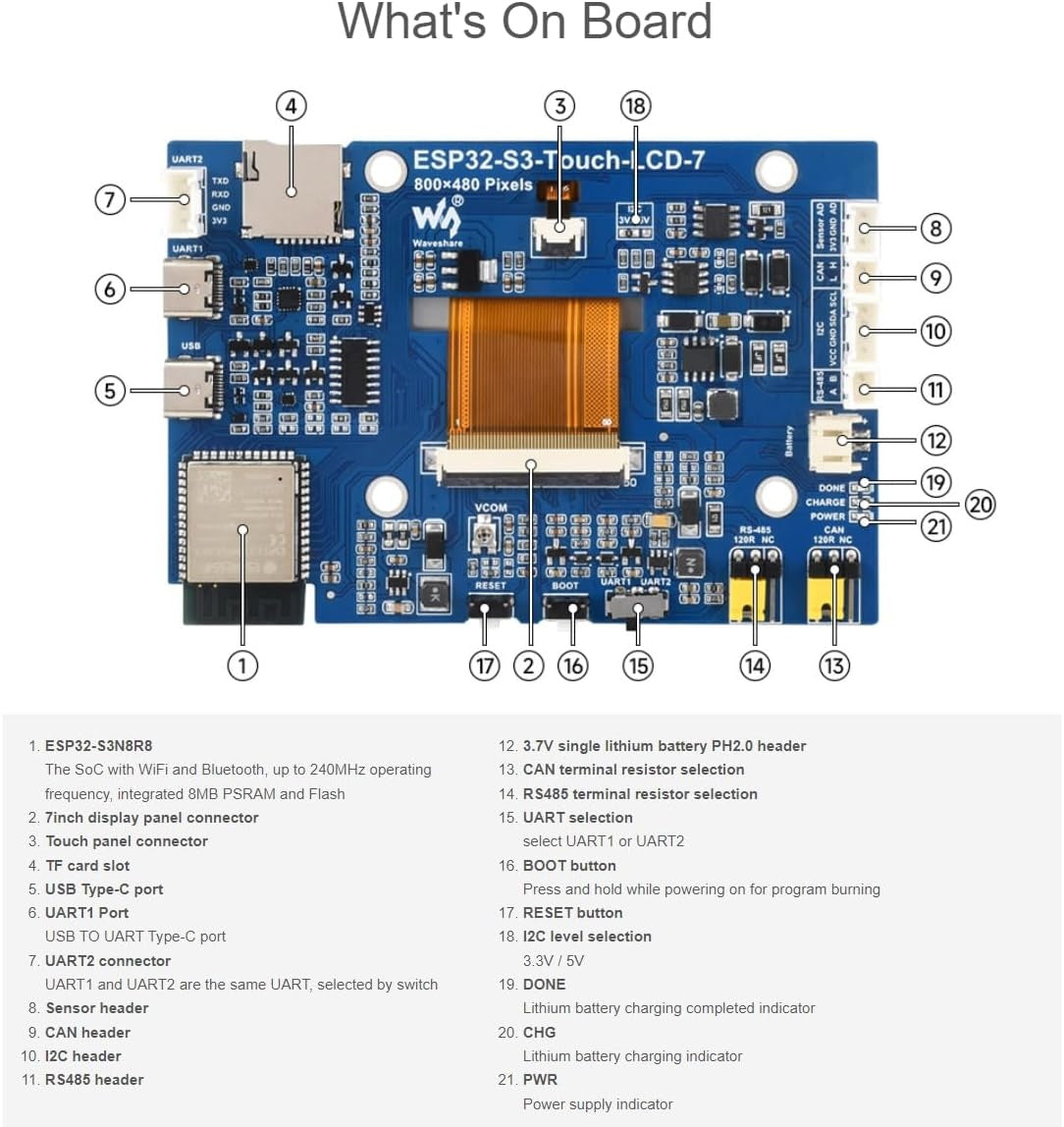 Waveshare 7" ESP32-S3 Touch Display Udviklingskort, 800 x 480, 65k RGB, 5-punkts touch, Understøtter WiFi og Bluetooth