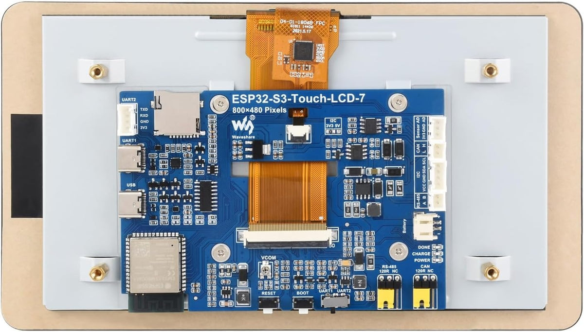 Waveshare 7" ESP32-S3 Touch Display Udviklingskort, 800 x 480, 65k RGB, 5-punkts touch, Understøtter WiFi og Bluetooth