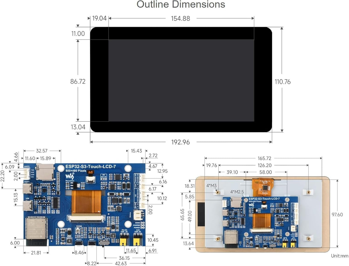 Waveshare 7" ESP32-S3 Touch Display Udviklingskort, 800 x 480, 65k RGB, 5-punkts touch, Understøtter WiFi og Bluetooth