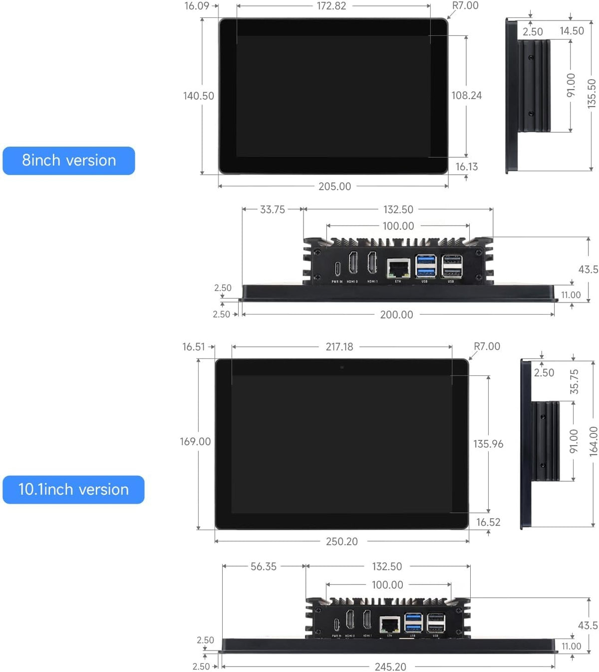 Waveshare industriel HMI alt-i-én 10,1" touchskærm, kompatibel med Raspberry Pi 4 (medfølger), understøtter dobbelt 4K HDMI-udgang