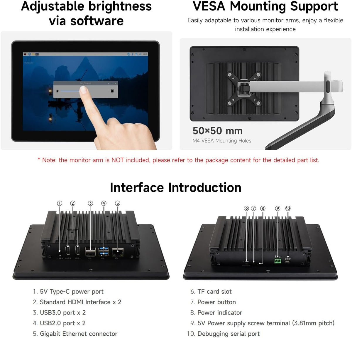Waveshare industriel HMI alt-i-én 10,1" touchskærm, kompatibel med Raspberry Pi 4 (medfølger), understøtter dobbelt 4K HDMI-udgang