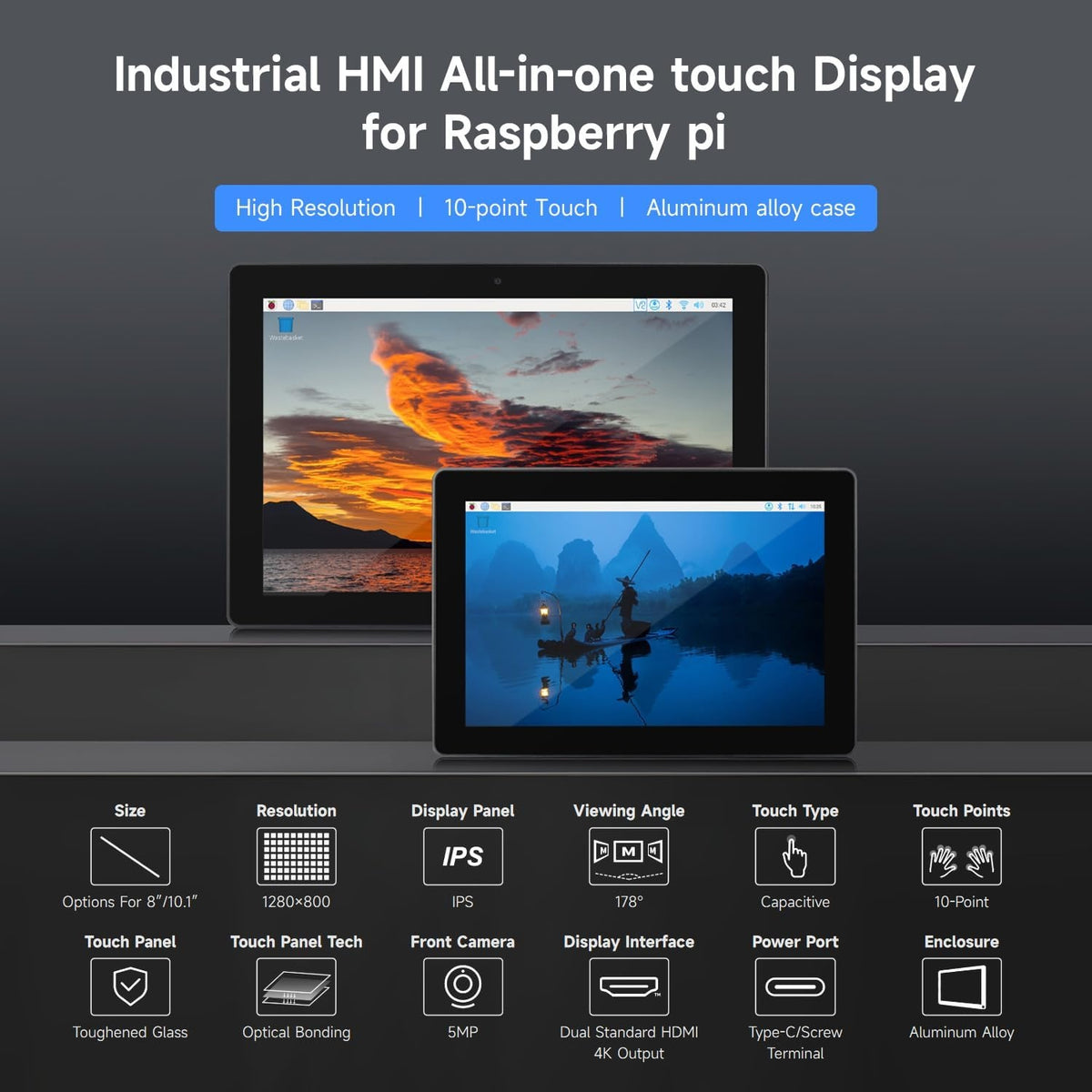Waveshare industriel HMI alt-i-én 10,1" touchskærm, kompatibel med Raspberry Pi 4 (medfølger), understøtter dobbelt 4K HDMI-udgang