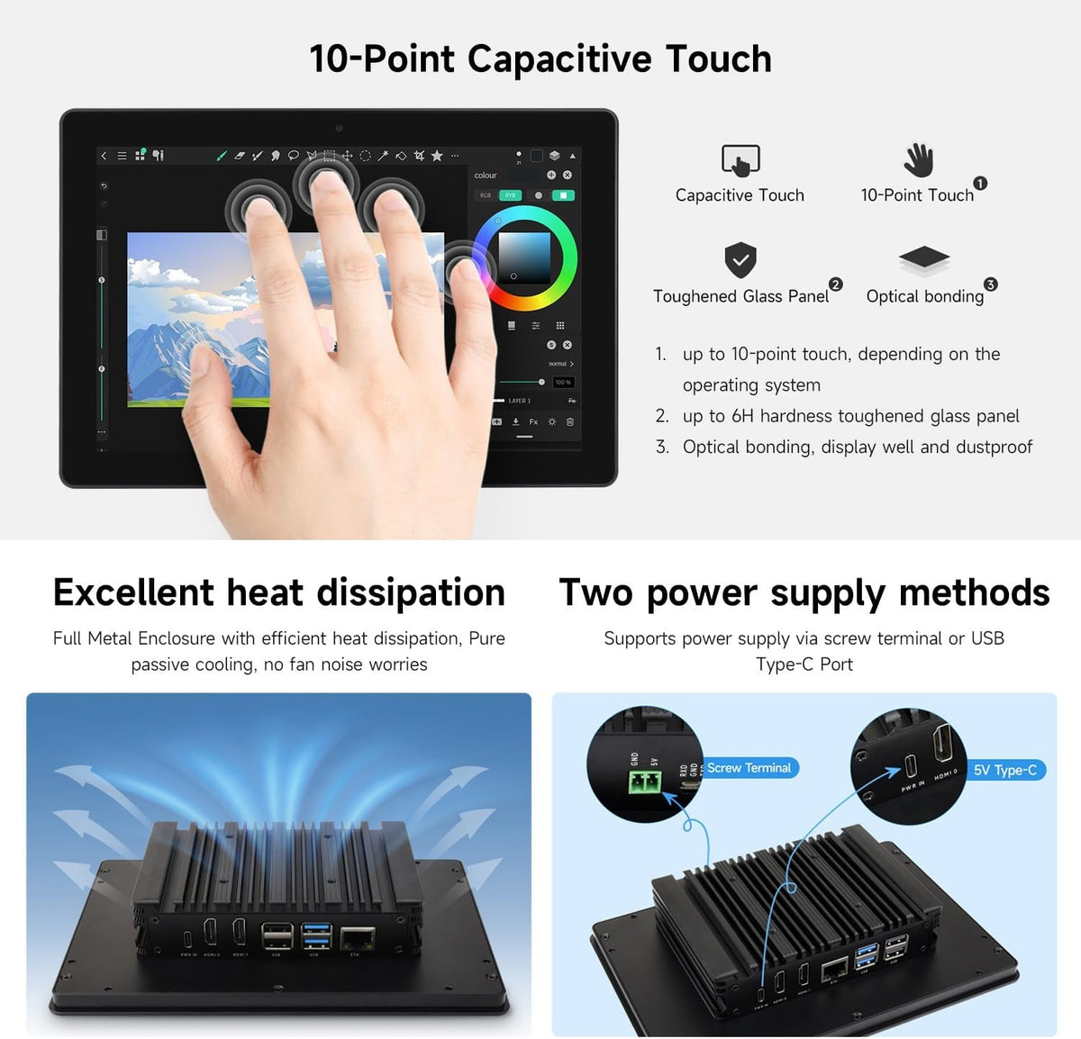 Waveshare industriel HMI alt-i-én 10,1" touchskærm, kompatibel med Raspberry Pi 4 (medfølger), understøtter dobbelt 4K HDMI-udgang